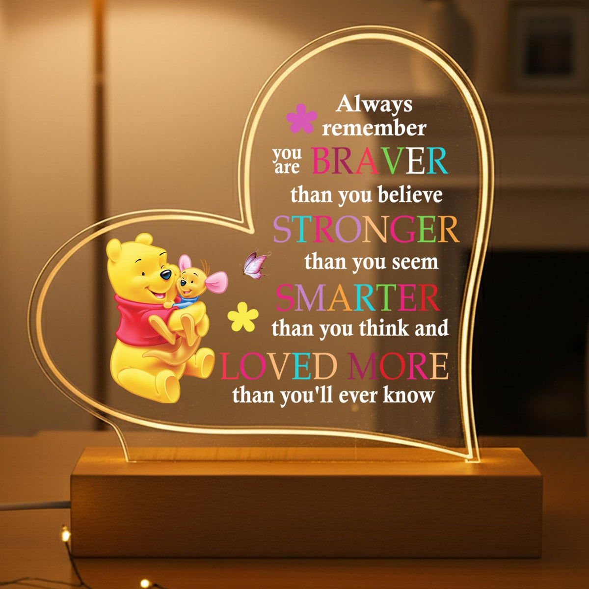 RYOTKIK Pooh Bear Heart Night Light glows softly on a bedside table