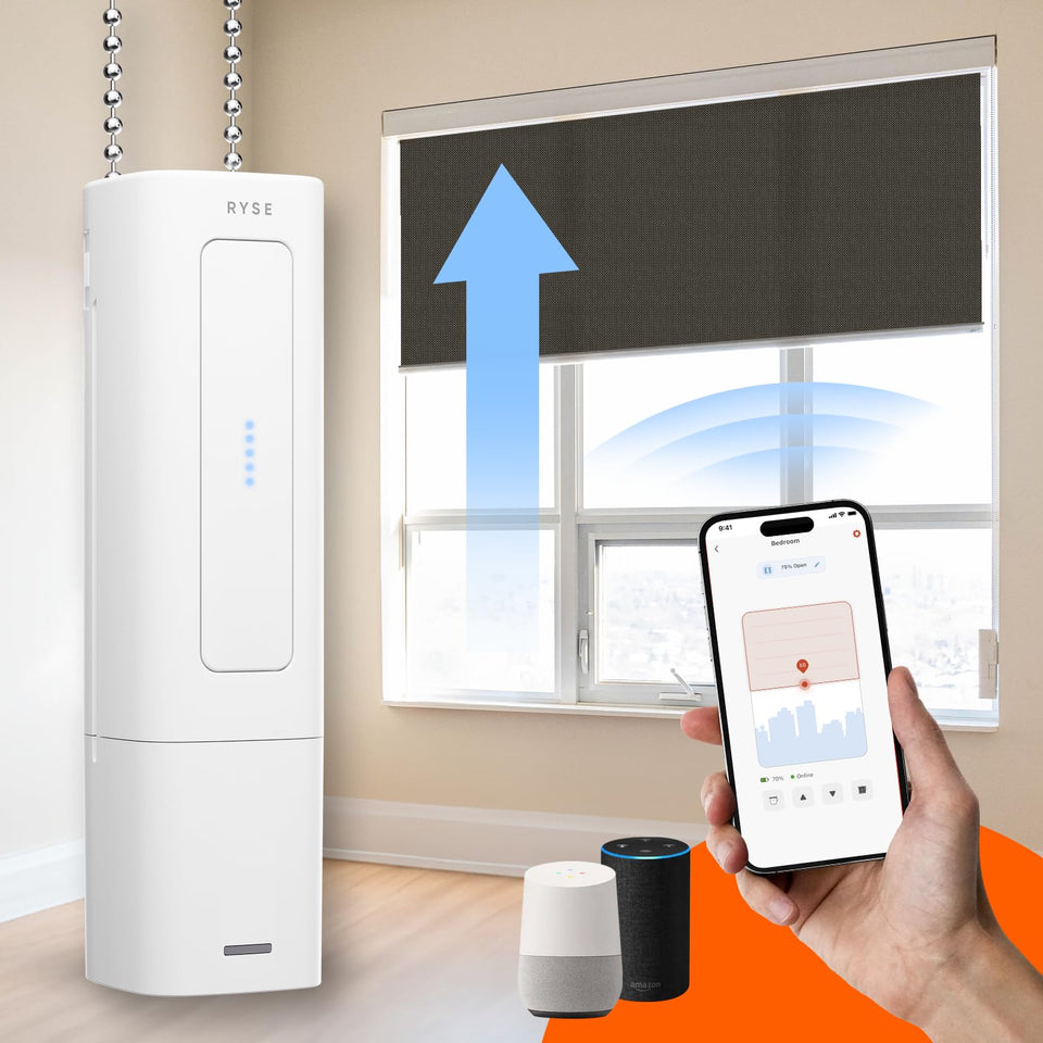 RYSE SmartShade BatteryPack attached to a shade for wireless control