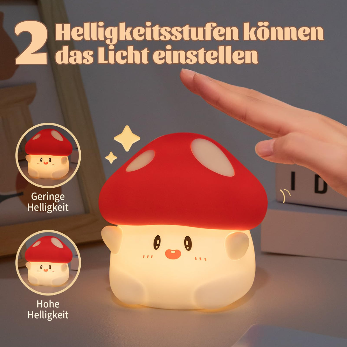 Rytinazzz Hug Mushroom Night Light with pat-control for easy brightness changes.