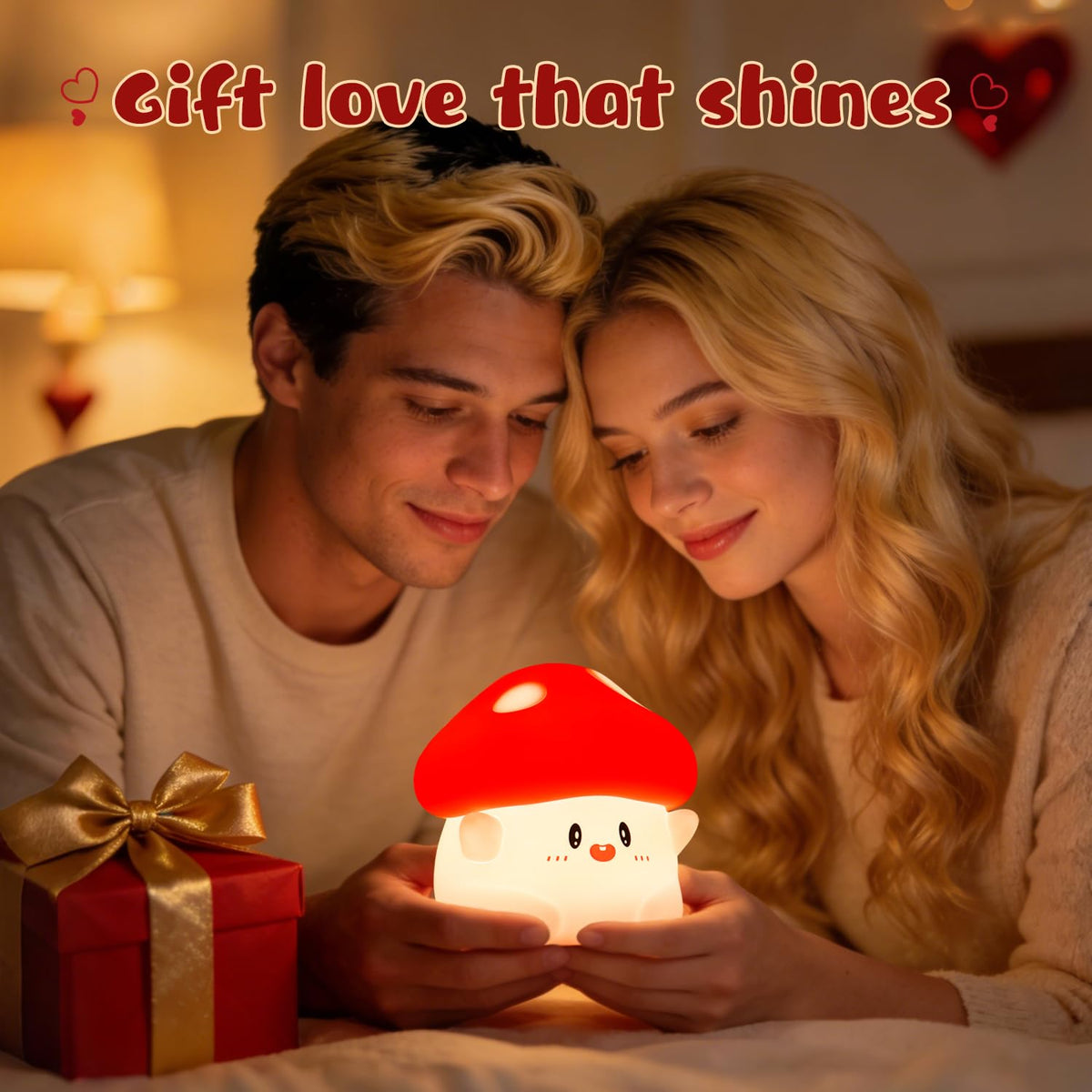 Rytinazzz Hug Mushroom Night Light casts a warm glow in the bedroom.