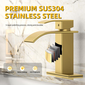 Ryuwanku brushed gold basin faucet installation view, easy fit for 1 or 3-hole setups.