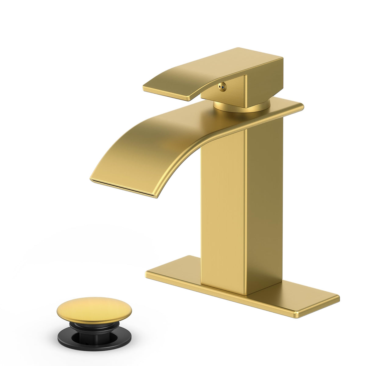 Ryuwanku brushed gold waterfall faucet close-up, durable finish enhances bathroom aesthetics.