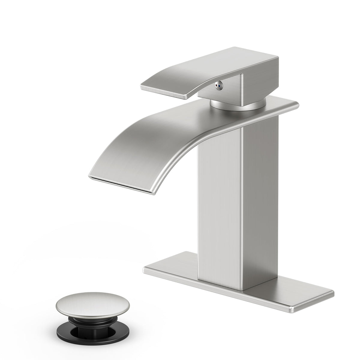 Ryuwanku brushed nickel bathroom faucet front view showing modern, durable design.