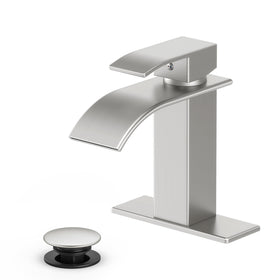 Ryuwanku brushed nickel bathroom faucet front view showing modern, durable design.