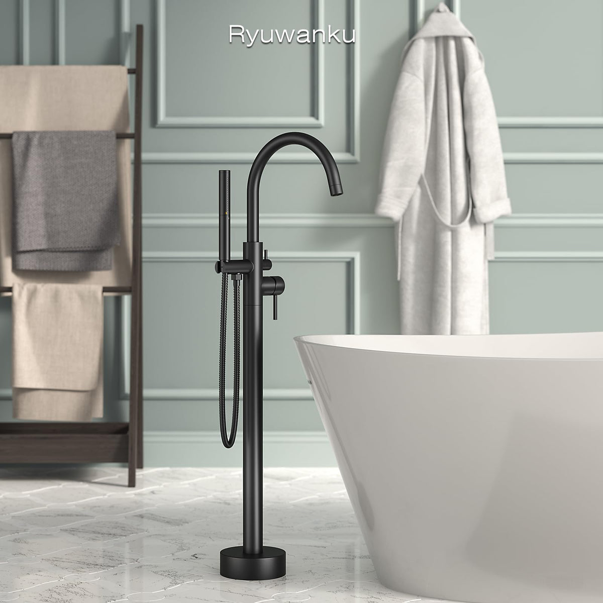 Ryuwanku floor-mount tub filler with 360-degree gooseneck for flexible setup.
