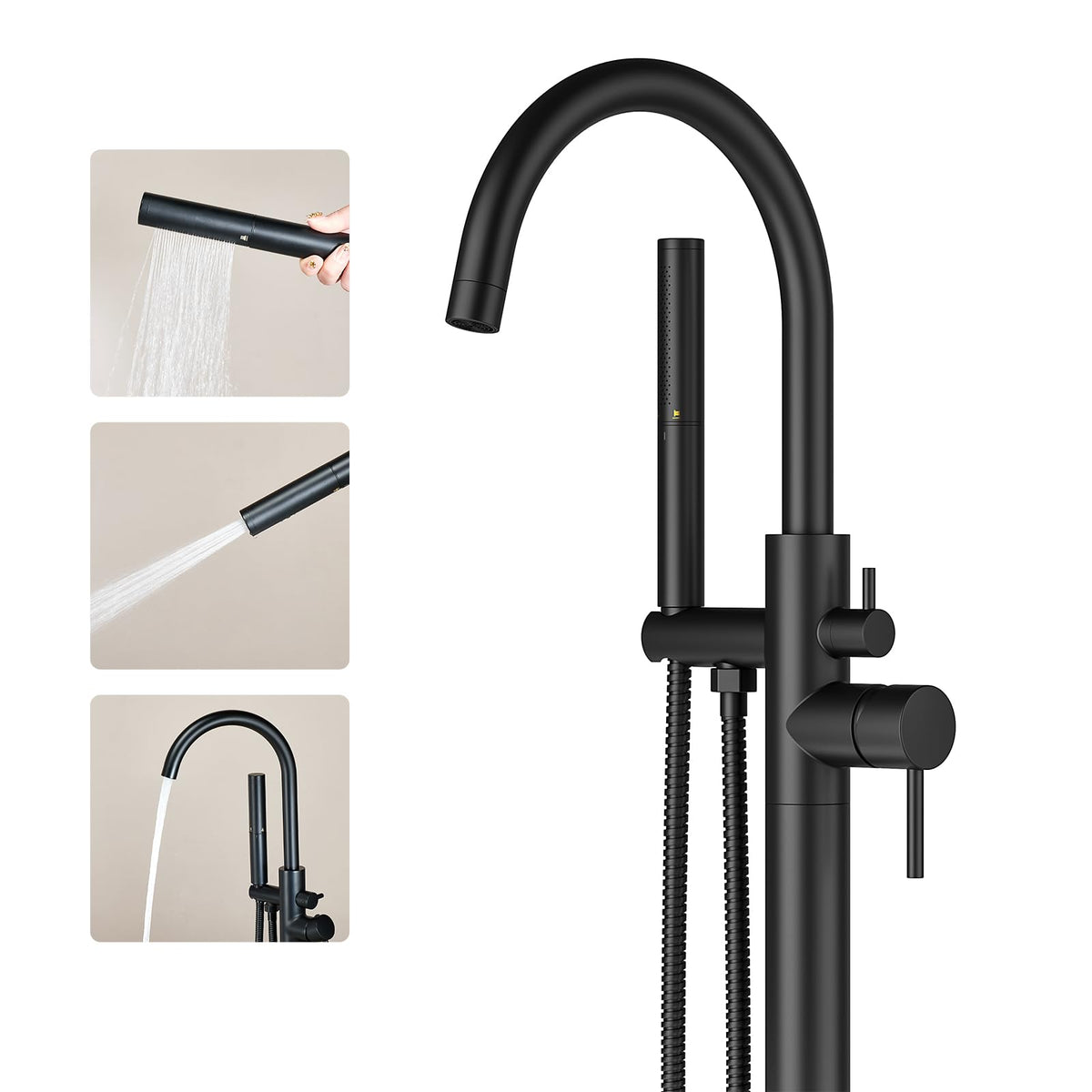 Ryuwanku freestanding tub faucet with matte black spout for quick tub filling.