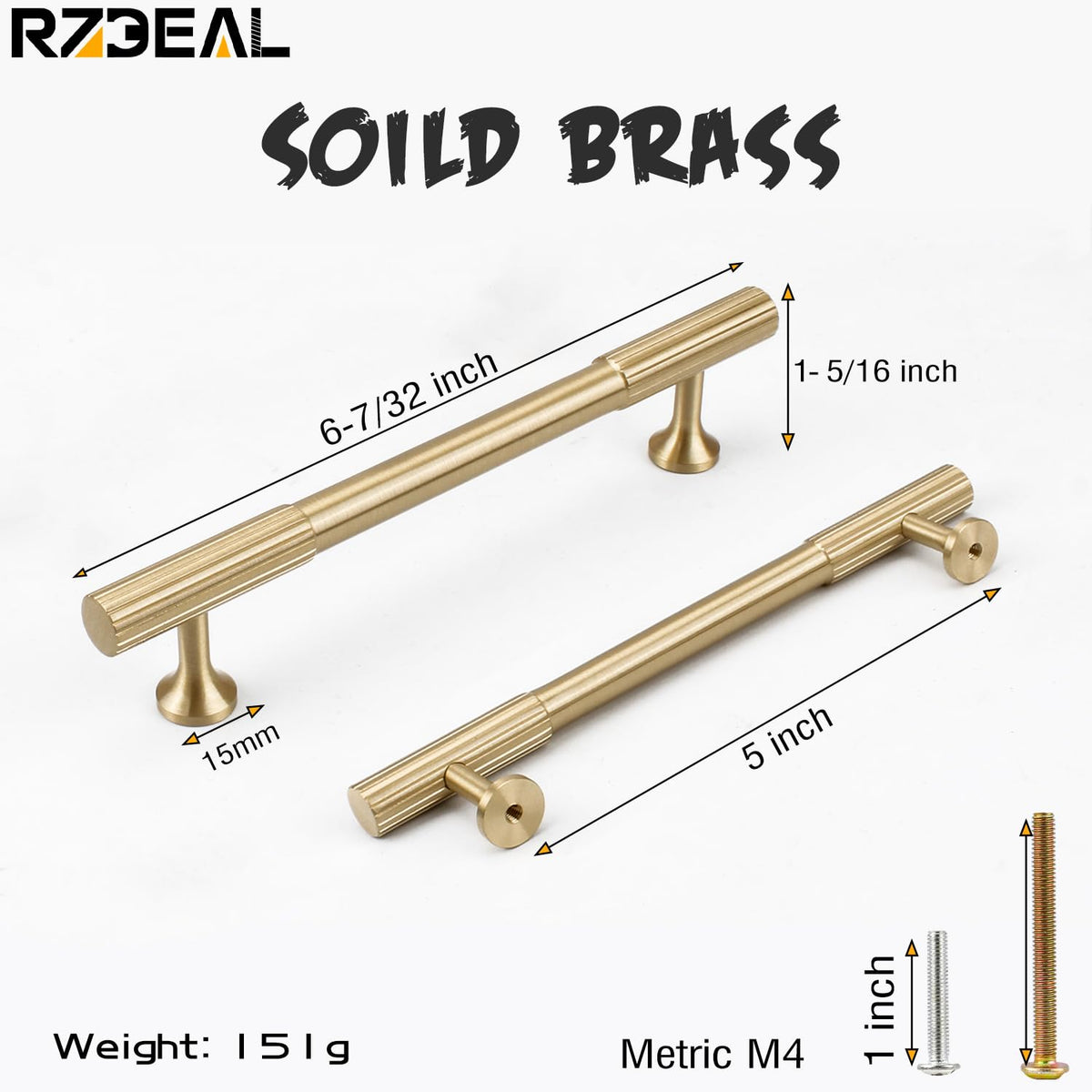 Brushed brass RZDEAL pull adds warm accent to kitchen cabinets and drawers.