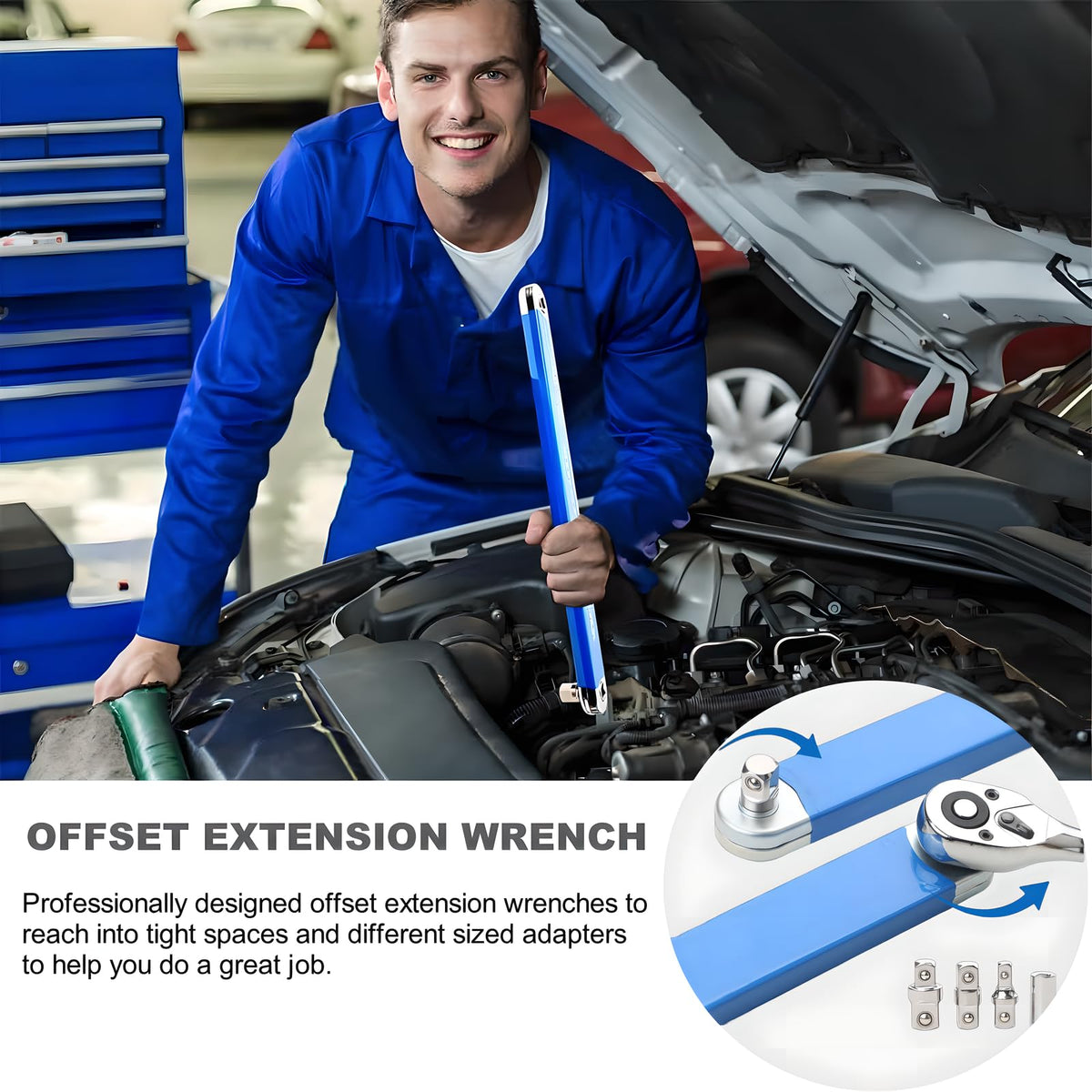 RZKNIP offset extension wrench with 1/2 inch drive adapter enables better leverage in tight spots.