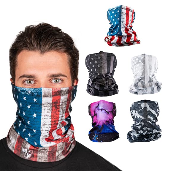 S A Company UV face shield 5-pack demonstrates sun and dust protection options.