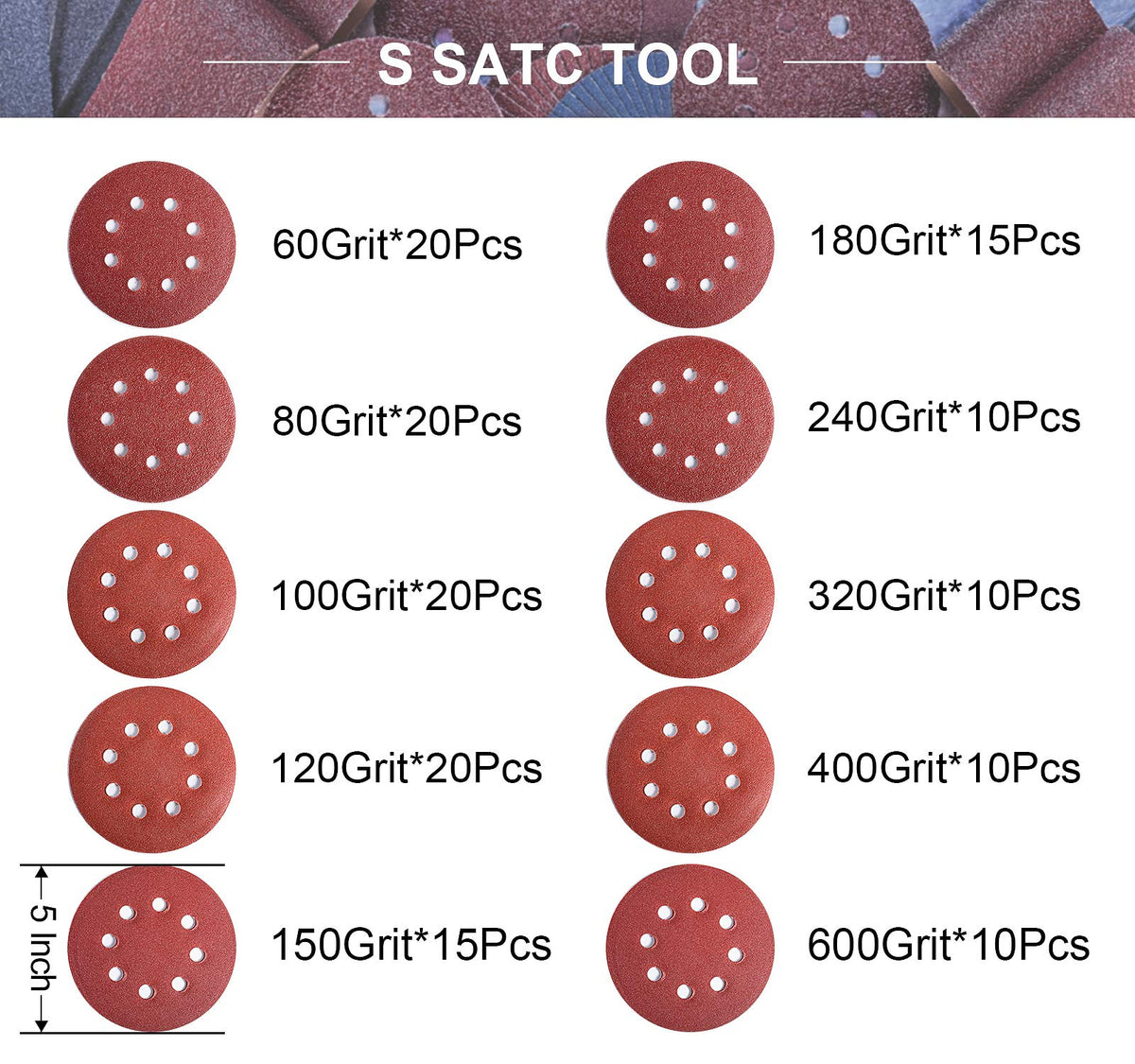 S SATC 5-inch 8-hole velcro discs for fast changes and dust control