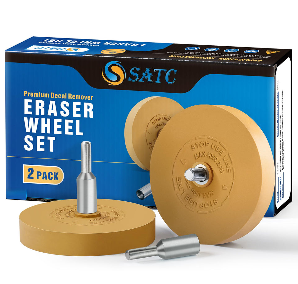 S SATC decal remover eraser wheel pack for fast emblem removal with a drill.