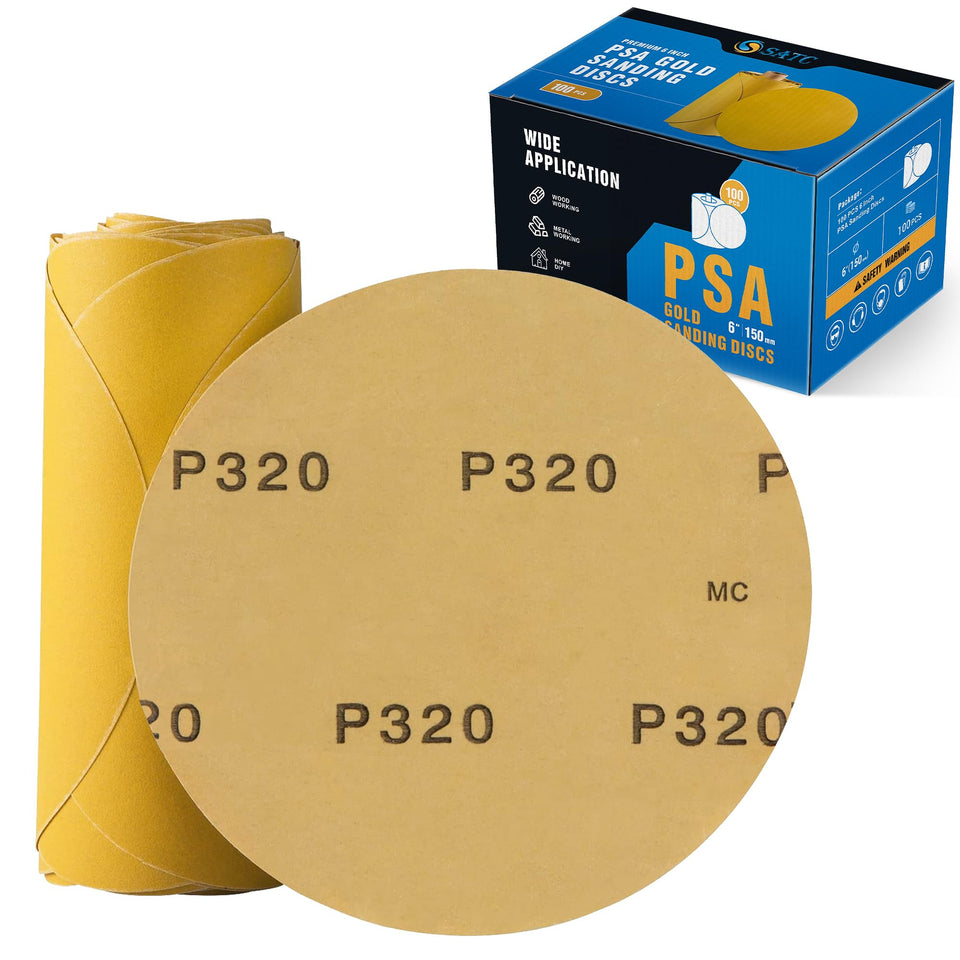 S SATC Premium Gold Sandpaper 6-inch 320-grit PSA discs for smooth finishes on wood and metal
