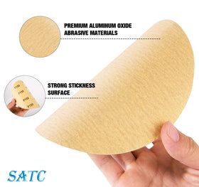 S SATC PSA sanding discs 6in on drill attachment demonstrating easy stick-and-work performance.