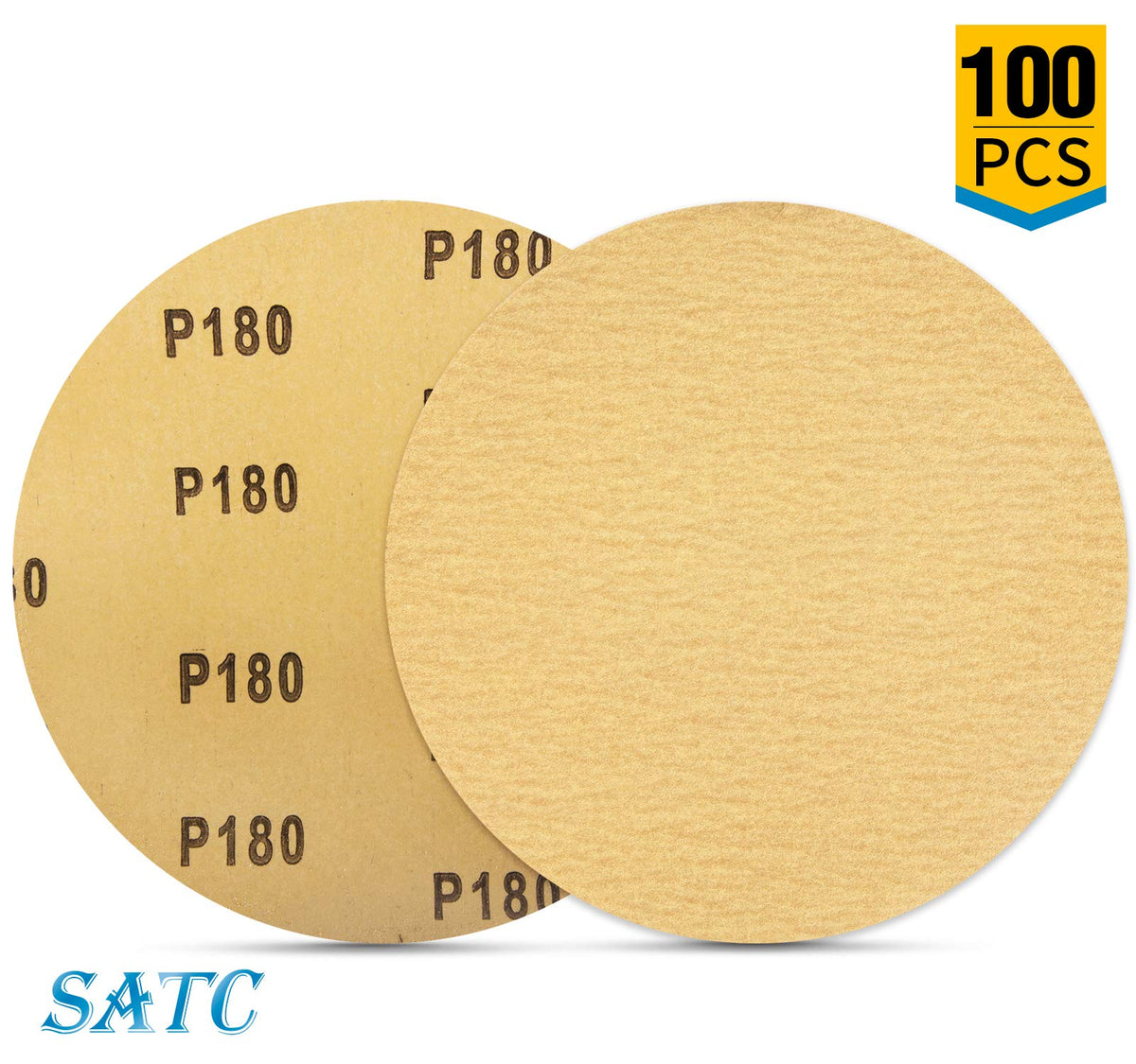 S SATC PSA sanding discs 6in packaging and stack showcasing convenient 100-piece supply.