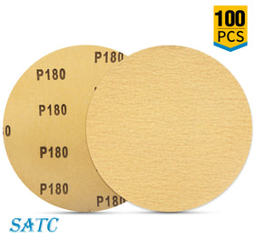 S SATC PSA sanding discs 6in packaging and stack showcasing convenient 100-piece supply.