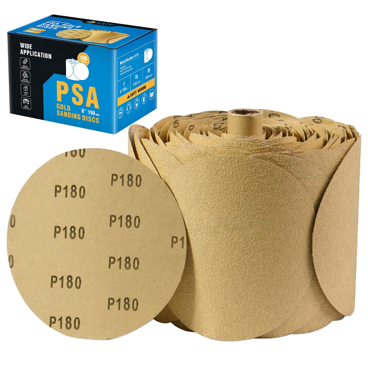 S SATC PSA sanding discs 6in adhesive-backed 180 grit pack for versatile shaping and finishing.