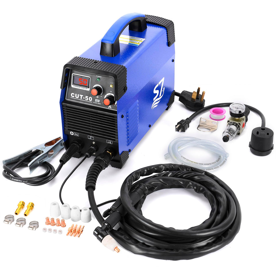 S7 50A plasma cutter with LED display for quick voltage and current readings during cuts.