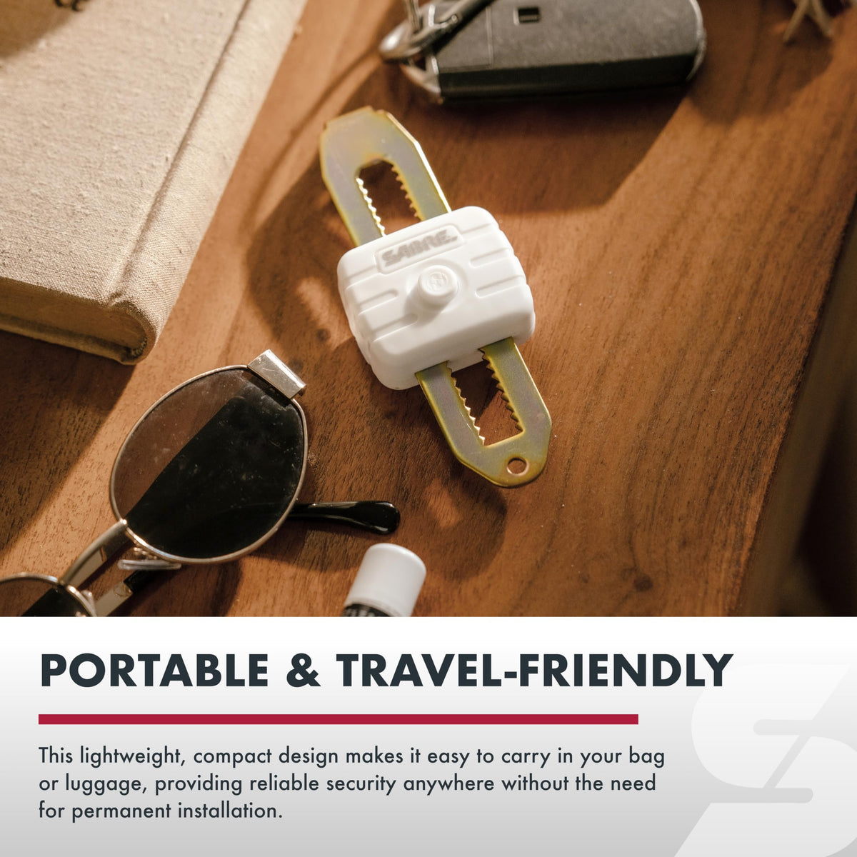 SABRE Compact Travel Door Lock features a lightweight, travel-friendly design.