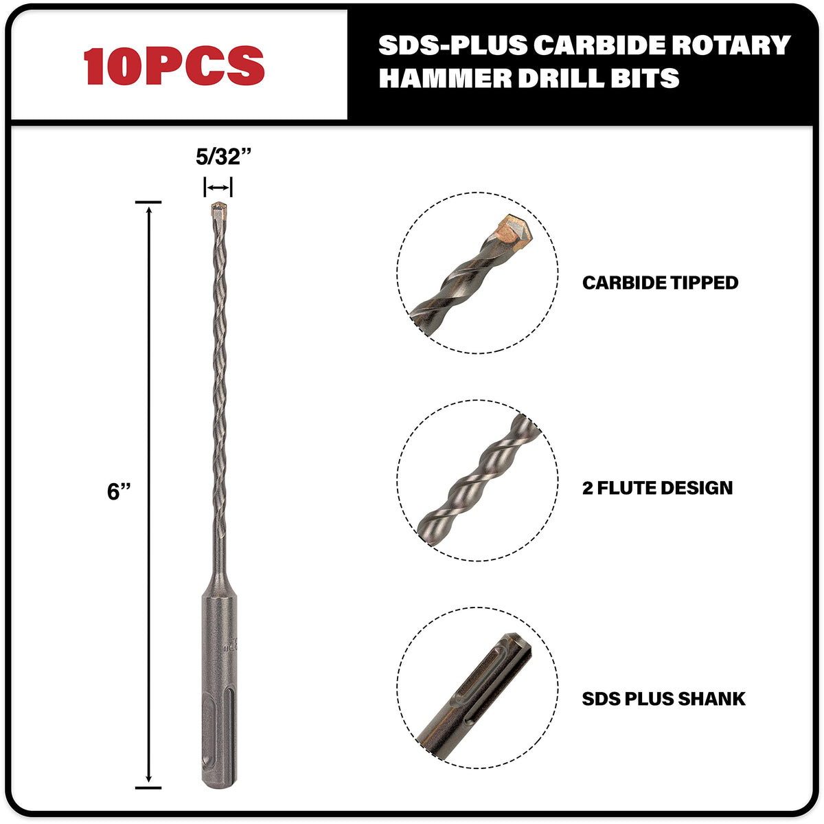 Carbide-tipped Sabre Tools SDS Plus 5/32in 6in bit for fast cuts.