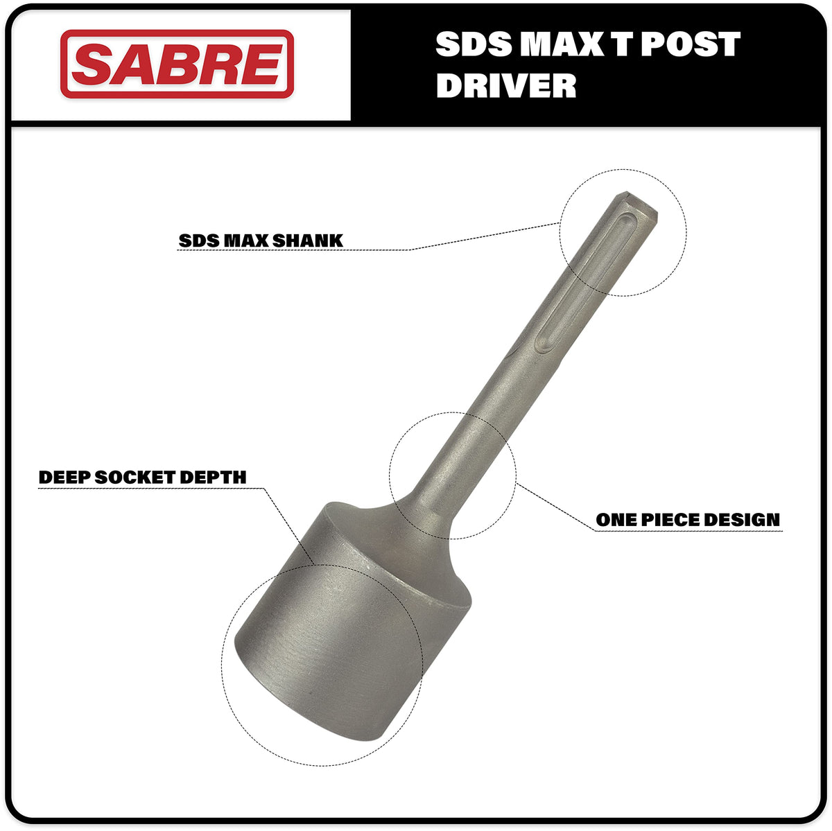 Sabre Tools SDS Max head driving a metal fence post through soil.