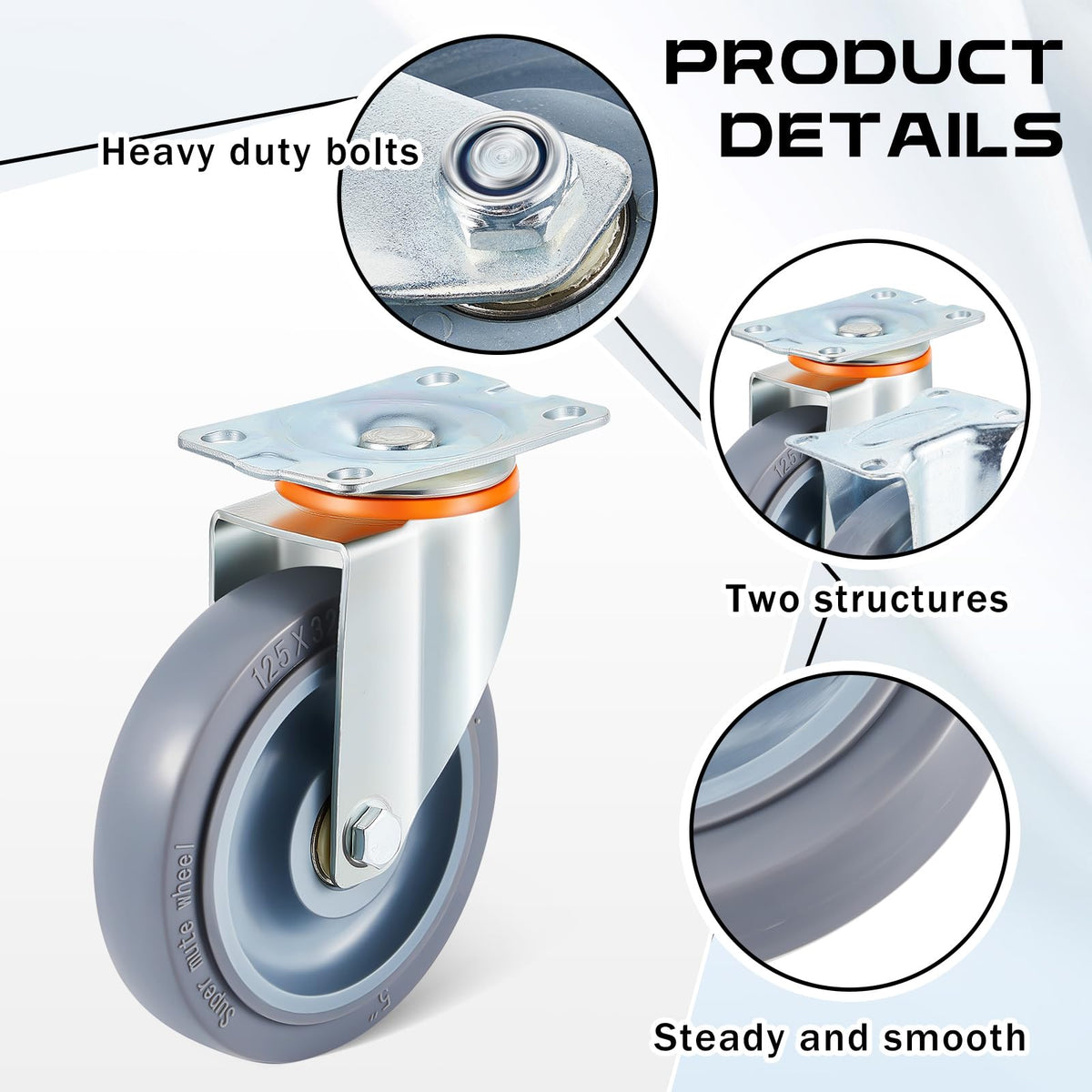 Sacubee 5-Inch TPR Rubber Caster for smooth, low-noise rolls.