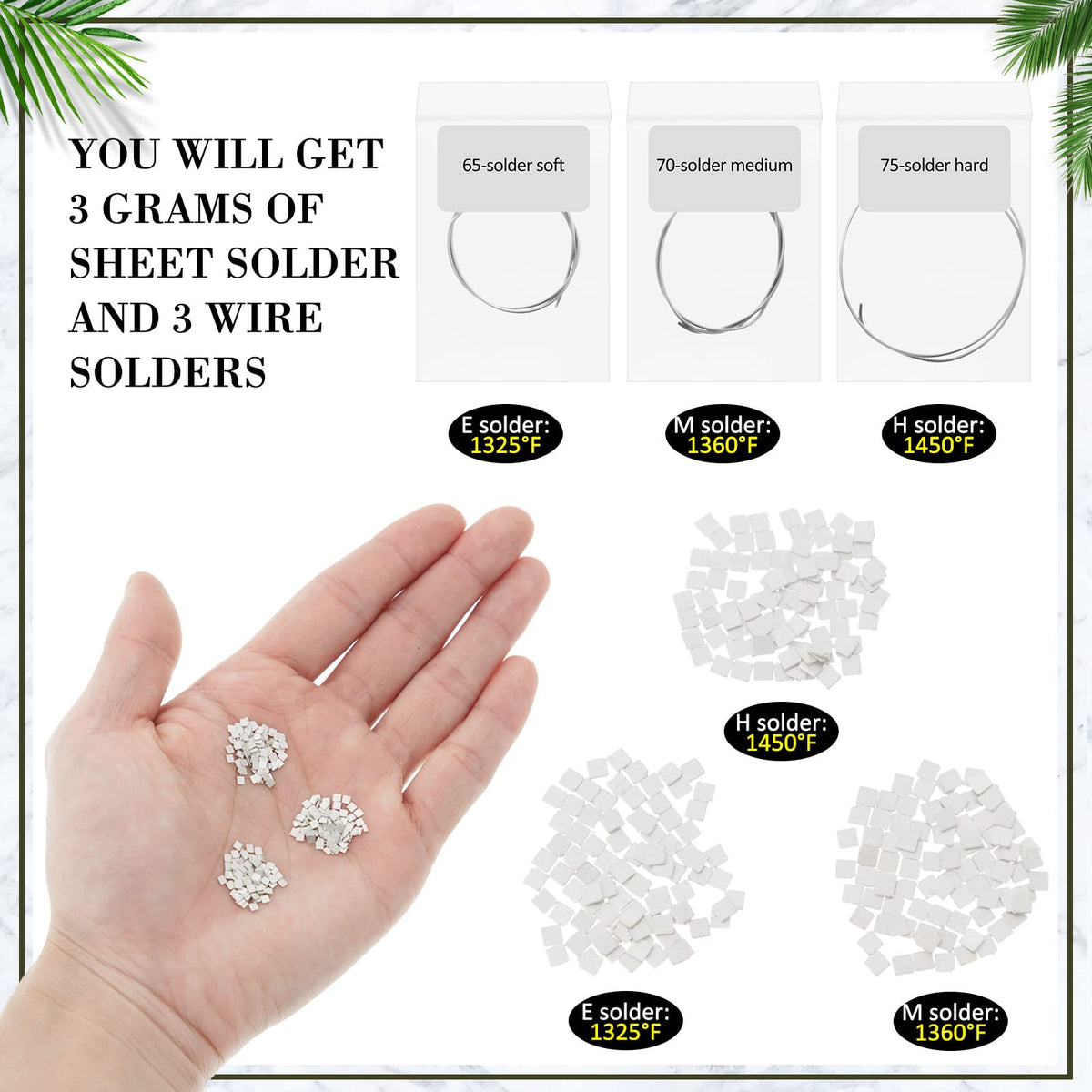 Sadnyy 2x2mm chips with E, M, H melting points for quick selection.