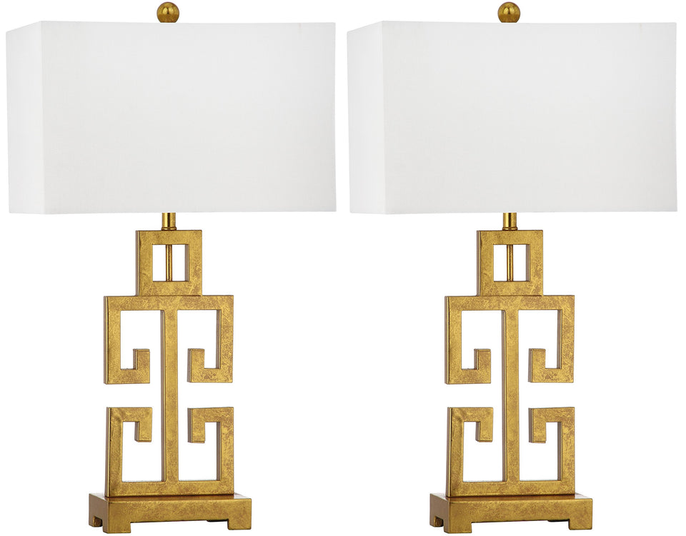 SAFAVIEH Greek Key lamp base in antique gold adds timeless elegance to living spaces