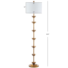 SAFAVIEH Landen lotus-details lamp highlights decorative accents with sculptural elegance.