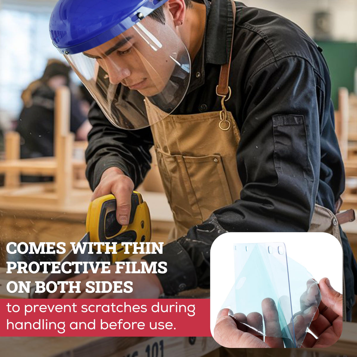Clear polycarbonate shield protects eyes during metalwork and woodworking.