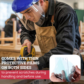 Clear polycarbonate shield protects eyes during metalwork and woodworking.