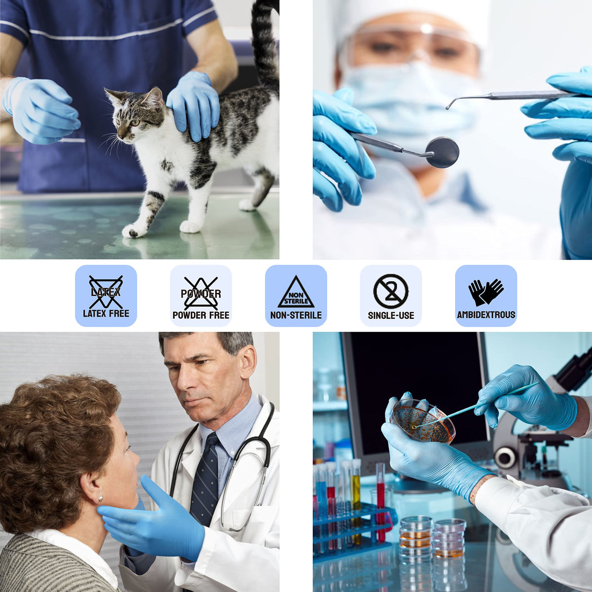 Safe Health blue disposable gloves ambidextrous soft fit for long shifts.