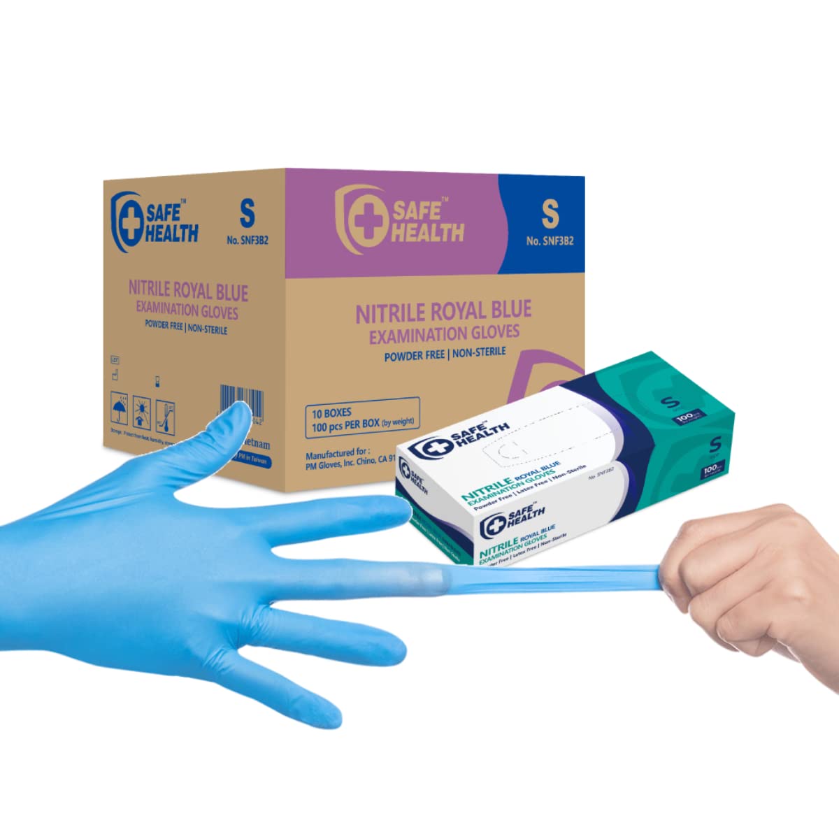 Safe Health nitrile exam gloves large blue textured fingertips for precise grip.