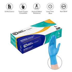 Safe Health nitrile gloves blue durable palm grip for reliable handling.