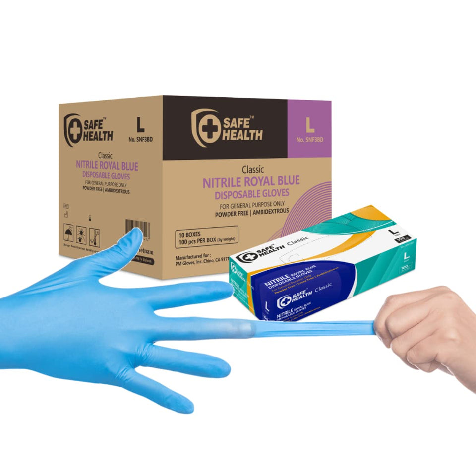 Safe Health nitrile gloves blue textured fingertips for precise grip in food prep.