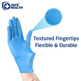 Safe Health nitrile gloves latex-free powder-free for sensitive skin and comfort.