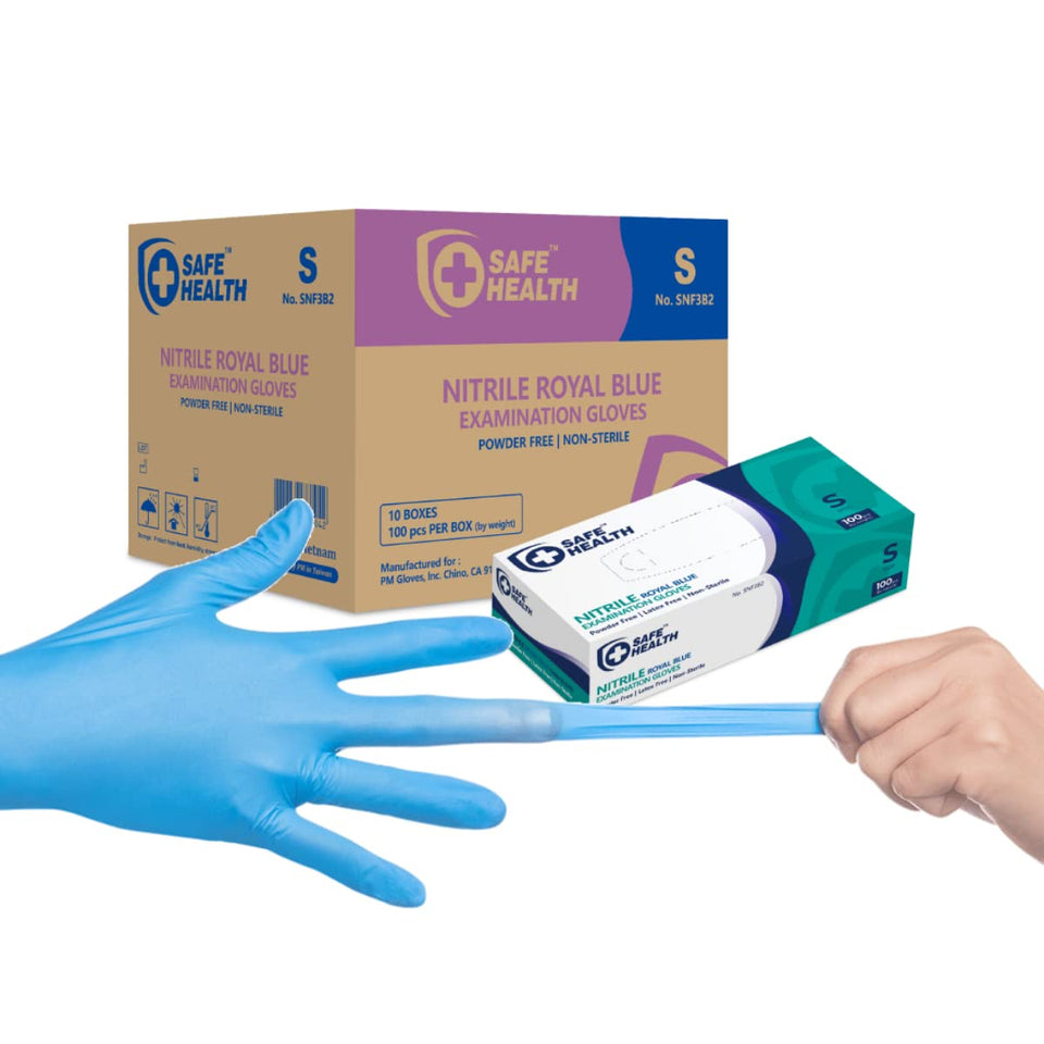 Safe Health nitrile gloves with textured fingertips for precise grip during exams.