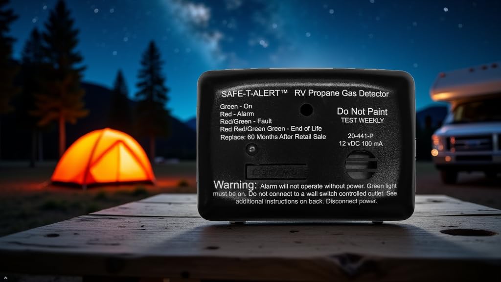 Safe T Alert 20-Series LP gas alarm side view showing compact RV-ready design