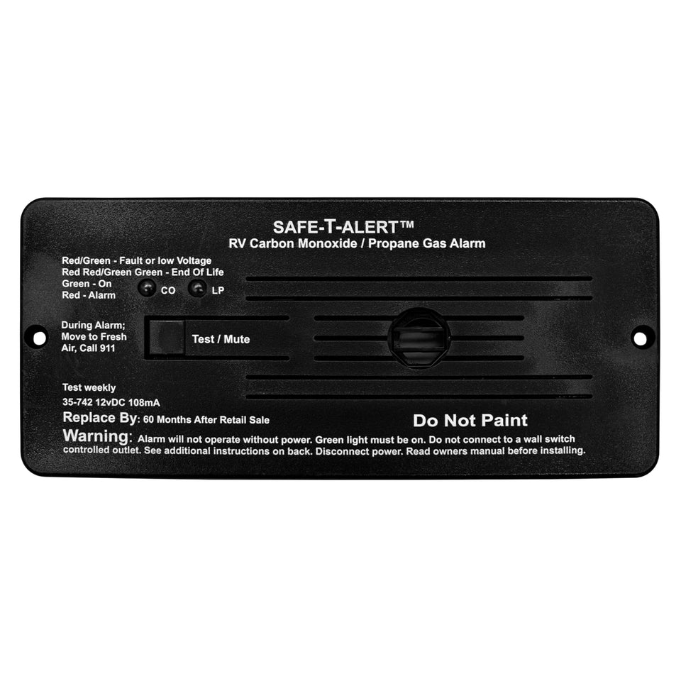 Safe T Alert dual LP/CO flush-mount alarm in black for RV safety upgrade