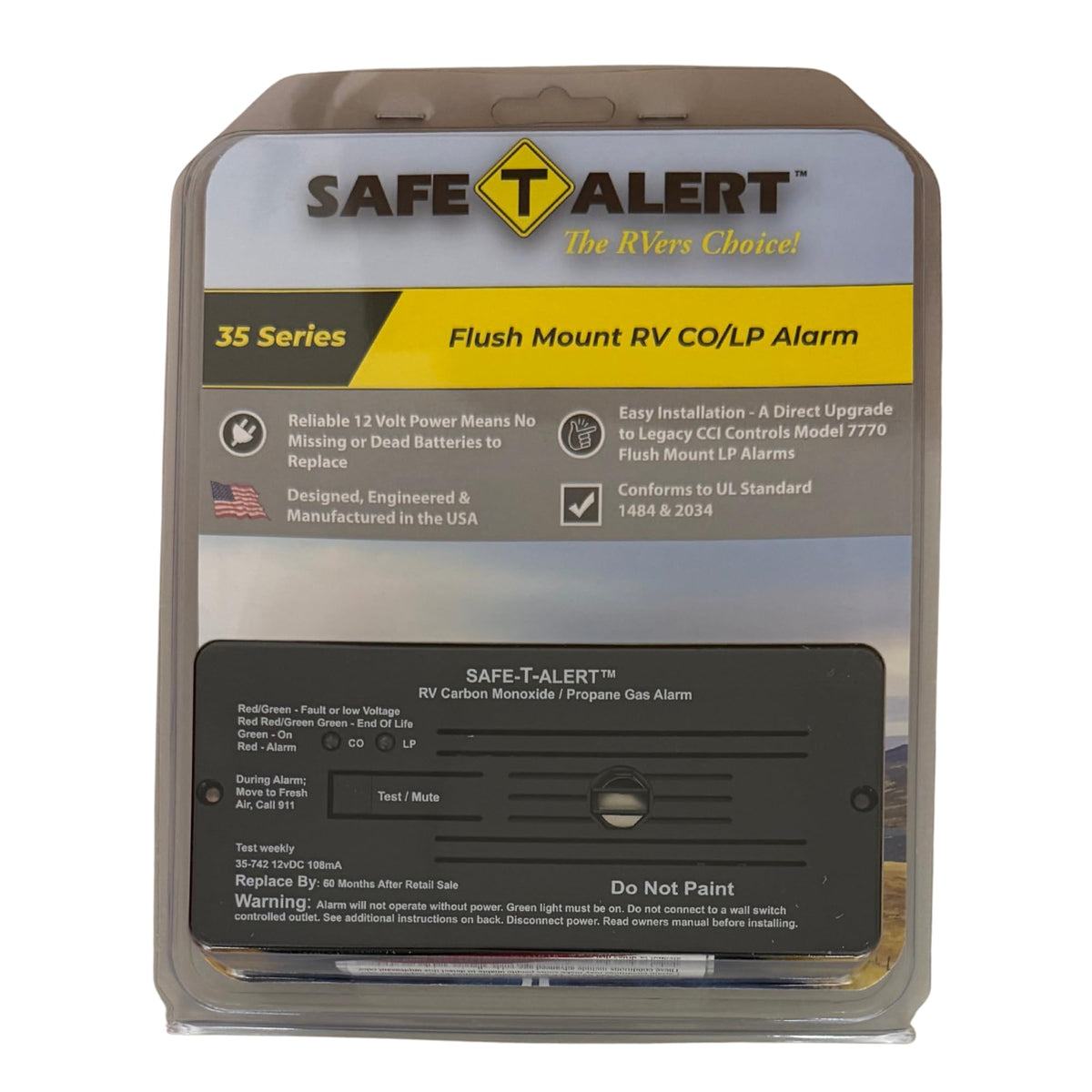 Flush-mount Safe T Alert unit installed on an RV wall, saving space