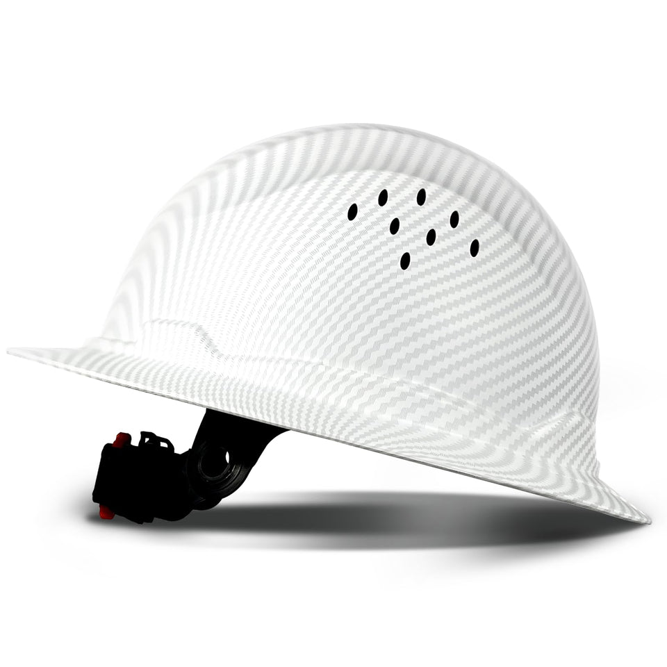 SAFEBUILDER full brim carbon fiber hard hat front view with ventilated comfort.