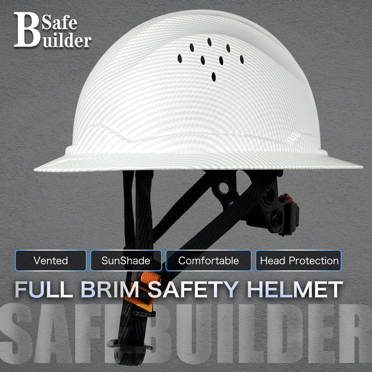 SAFEBUILDER full brim carbon fiber hard hat side view showing durable pattern.