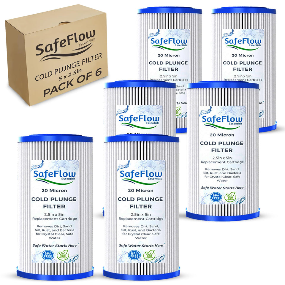 SafeFlow Essentials 20 micron cold plunge filter showing clear water and sediment reduction