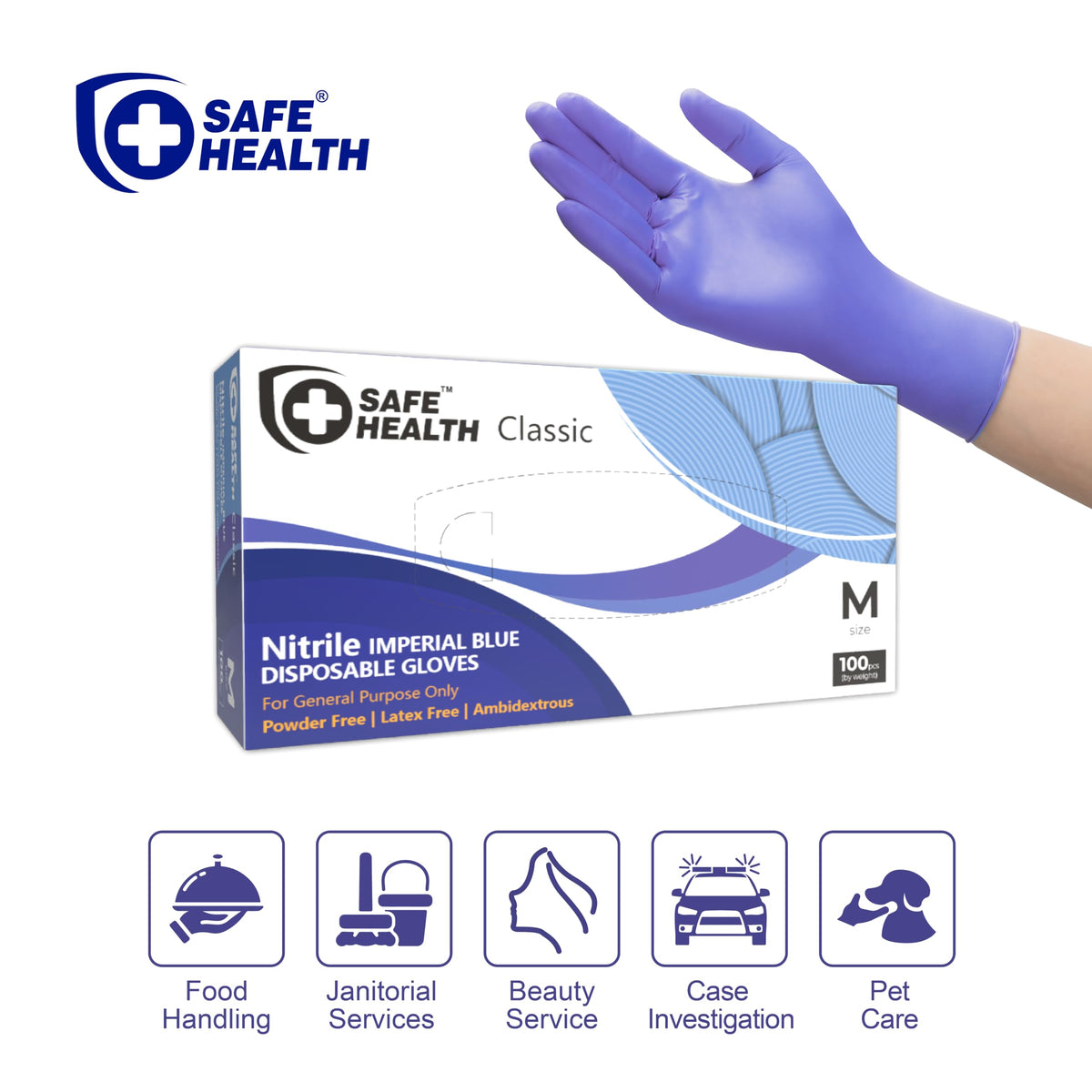 Safe Health nitrile imperial blue gloves on hand for precise grip and sensitive tasks