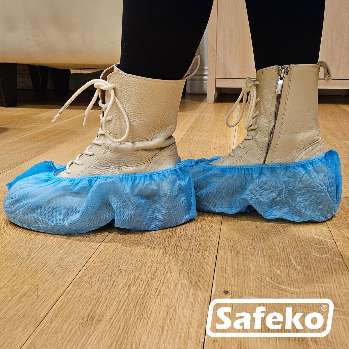 Safeko blue disposable boot covers protecting floors during tasks
