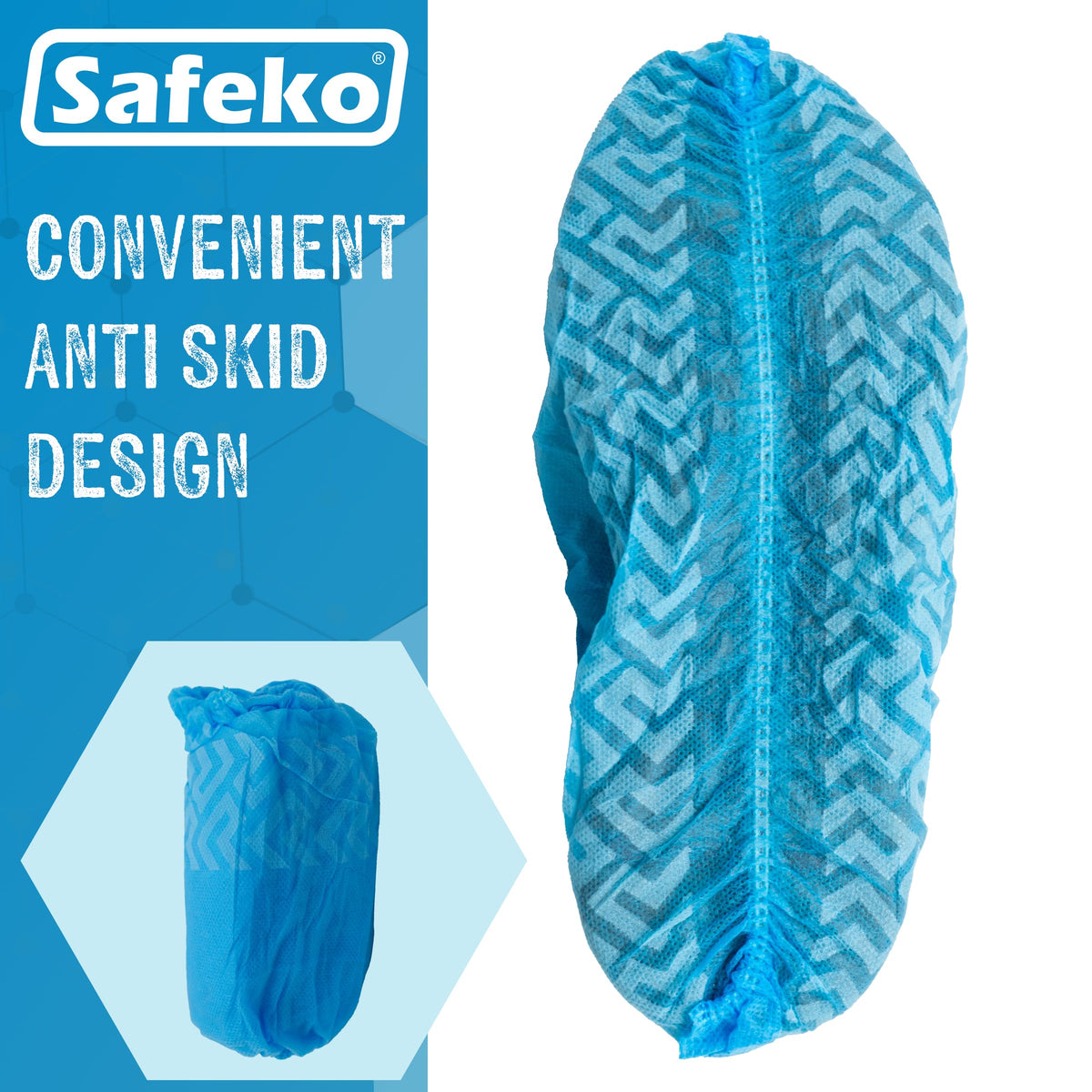 Safeko non-slip bottom on blue shoe covers for safer walking