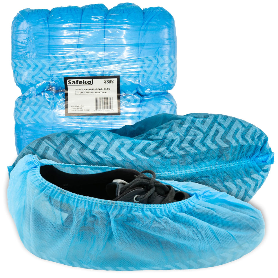 Safeko premium disposable boot covers showing non-slip blue sole for floor protection