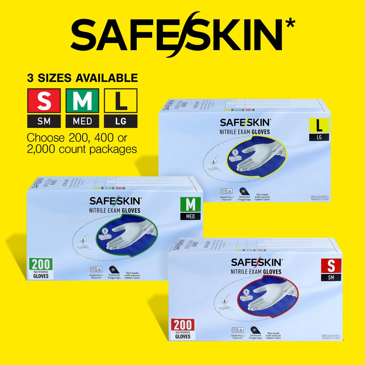 SAFESKIN nitrile gloves with textured fingertips for secure grip in wet and dry conditions.