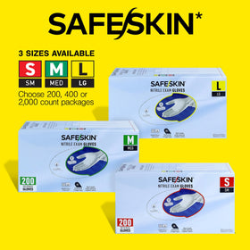 SAFESKIN nitrile gloves with textured fingertips for secure grip in wet and dry conditions.