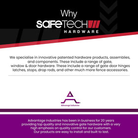 Safetech ViperX2 outdoor gate hardware on vinyl, wood, and aluminum gates