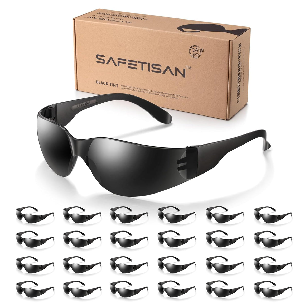 SAFETISAN tinted safety glasses 24-pack, wraparound design for outdoor work and UV protection.